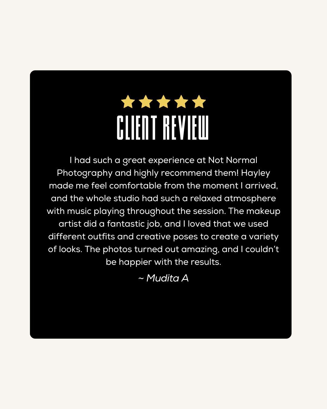 Five-star client review for Not Normal Photography praising comfortable atmosphere, makeup artist, and amazing photos.