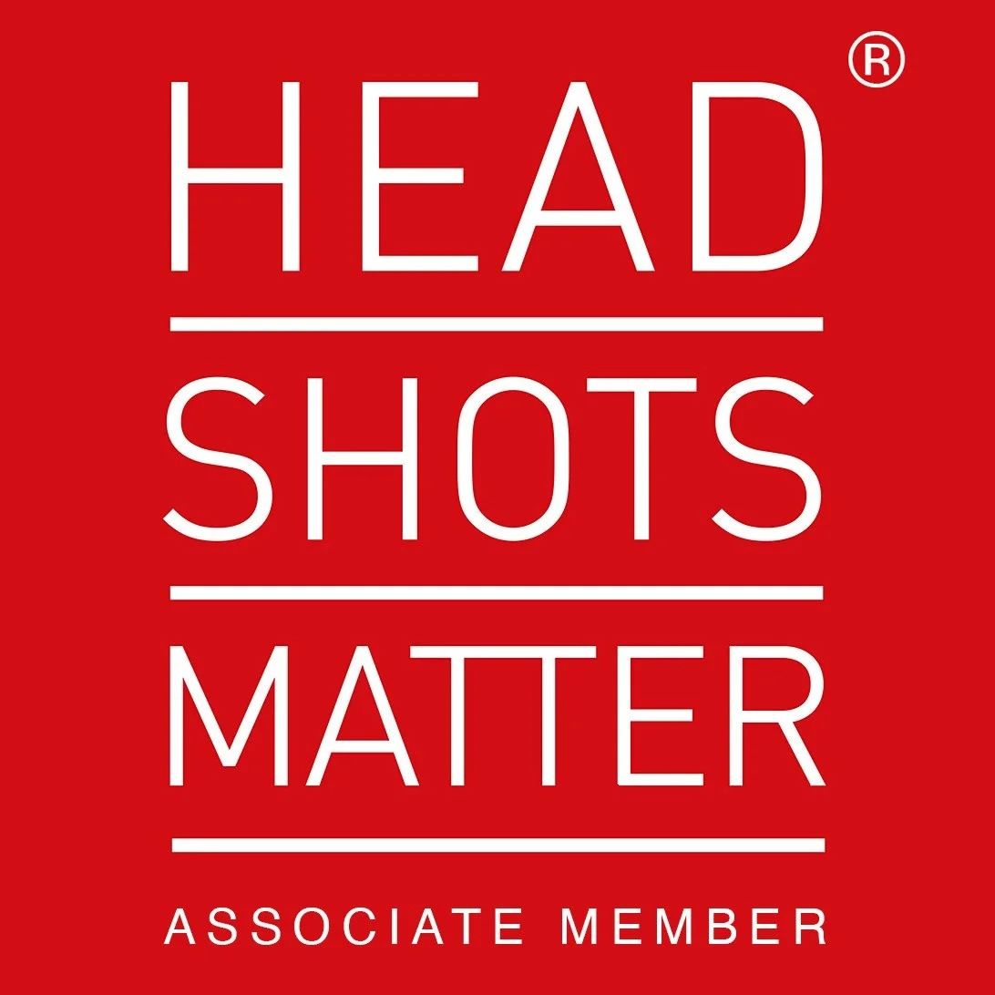 Headshots Matter associate member logo on red background with white bold text and horizontal lines.