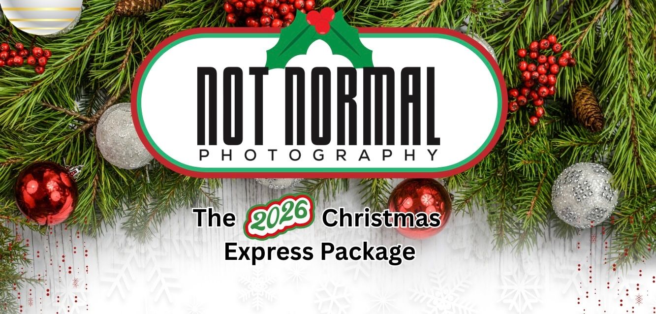 Not Normal Photography 2026 Christmas Express Package promotional banner with festive pine branches and holiday ornaments.