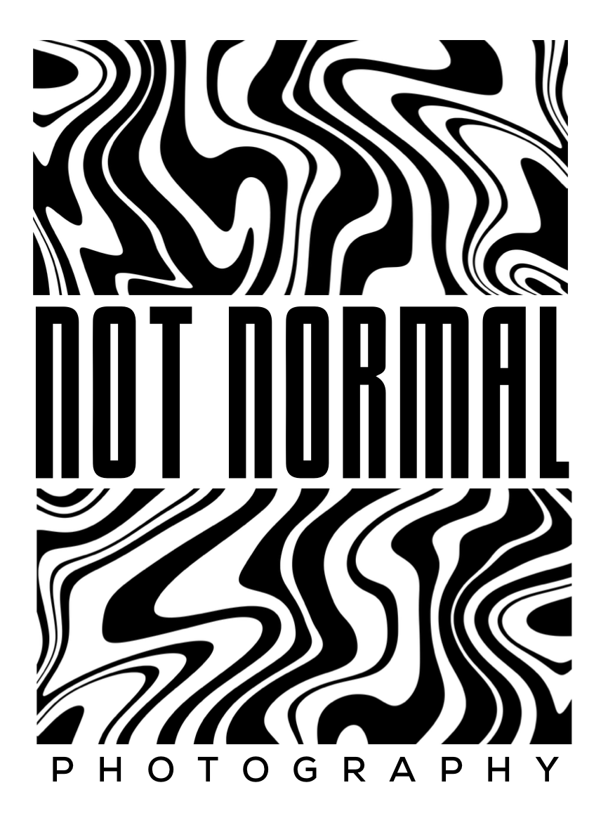 Bold black and white swirling pattern logo for Not Normal Photography with psychedelic wavy lines.
