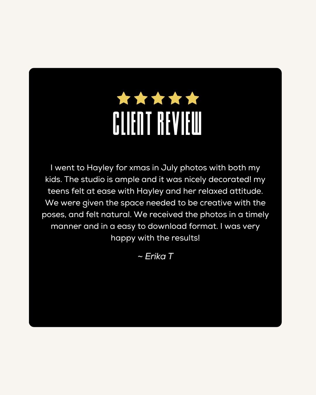 Five-star client review card praising Hayley's photography studio for Christmas photos, highlighting creativity and timely delivery.
