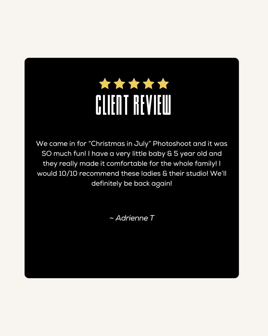 Five-star client review praising a Christmas in July photoshoot, highlighting comfort for families with young children.