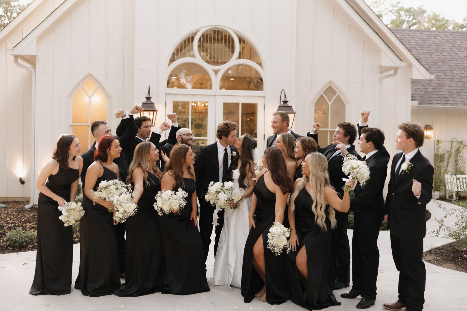 A panoramic collage of wedding party moments showing guests in formal black and white attire at an elegant venue.