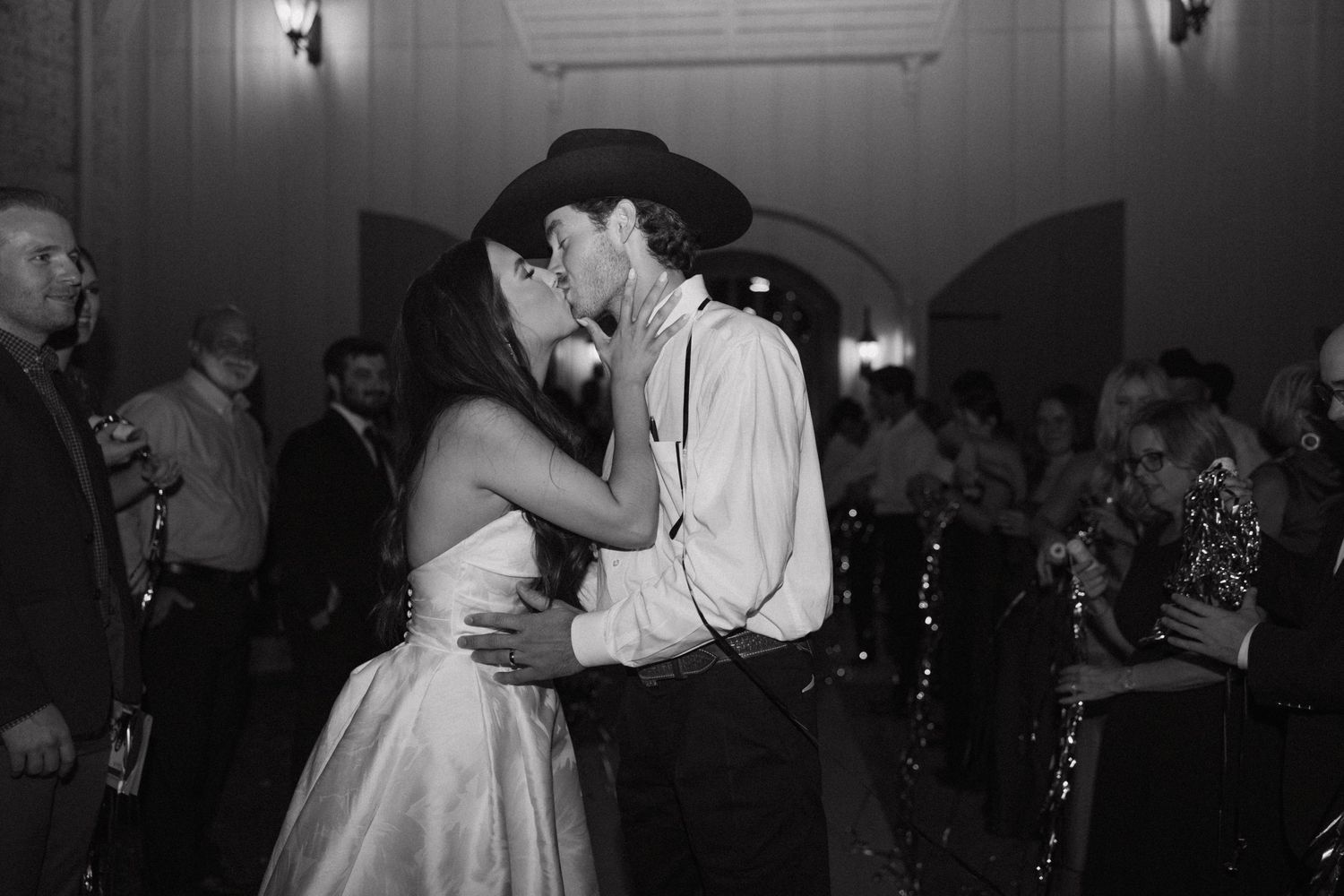 Black and white photo collage showing couples dancing and embracing at what appears to be a formal celebration or party.