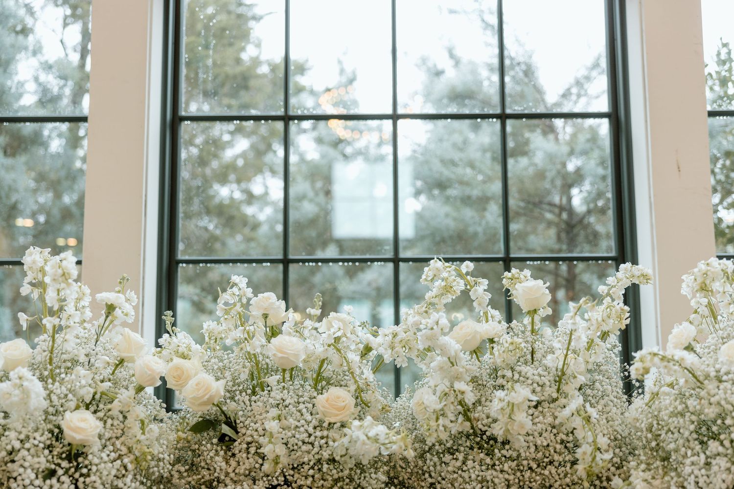 Delicate white baby's breath flowers line a window sill with natural light streaming through glass panes.