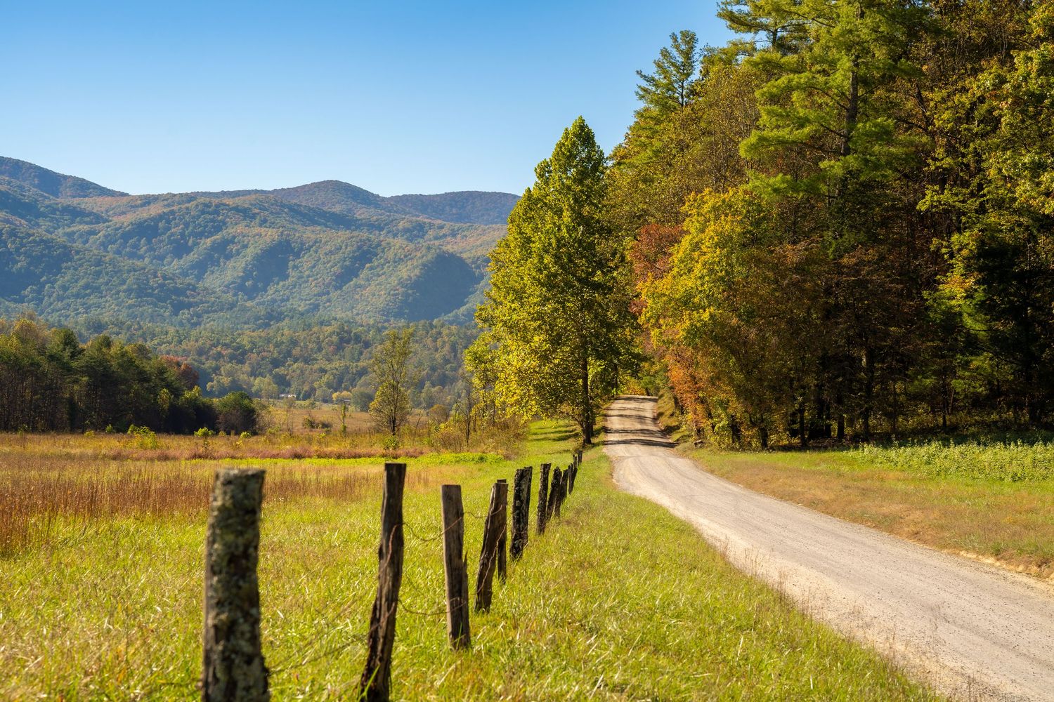 Scenic gravel road with wooden fence posts stretching toward misty mountains in a green valley.