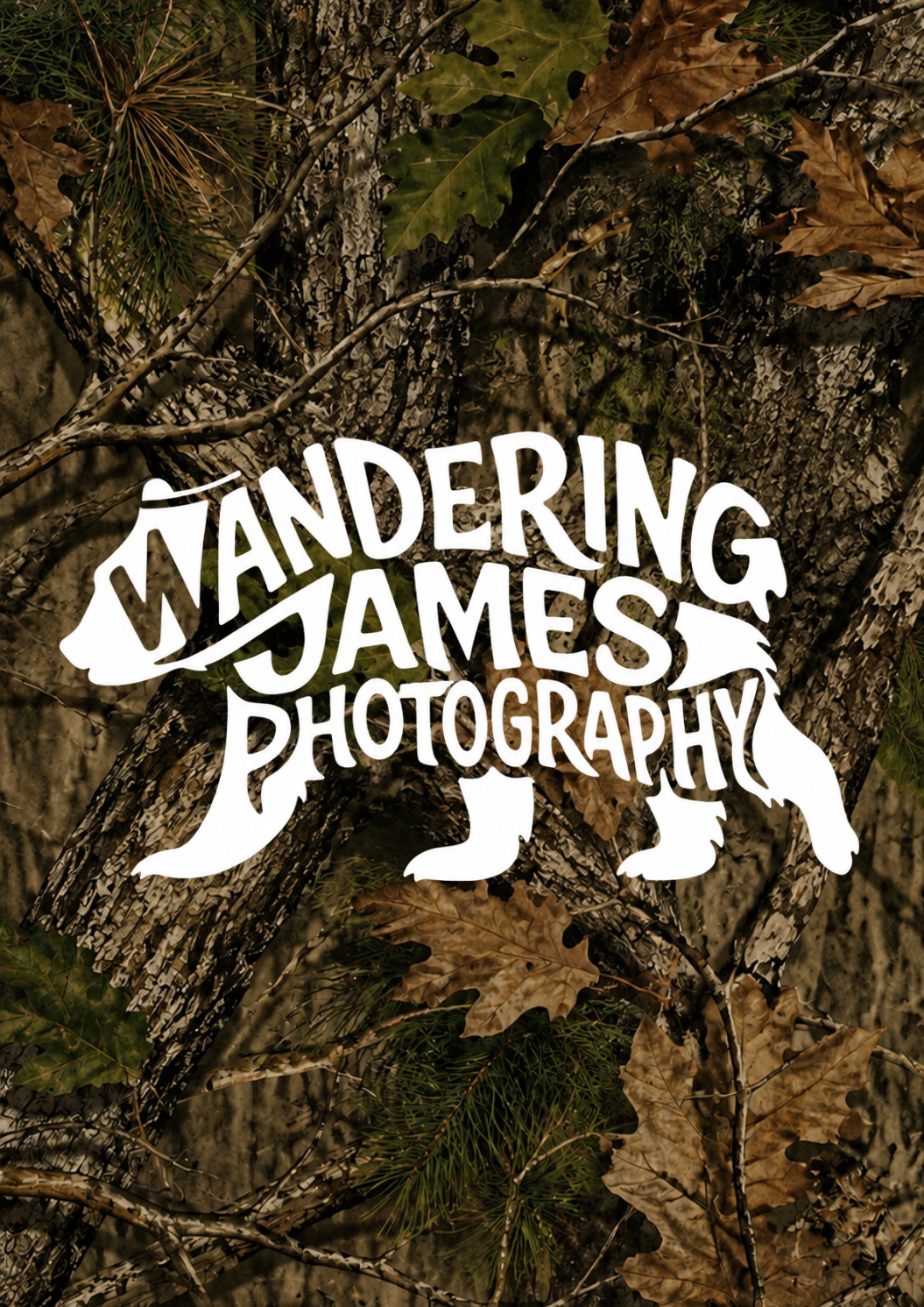 Wandering James Photography logo with white bear silhouette on camouflage background.