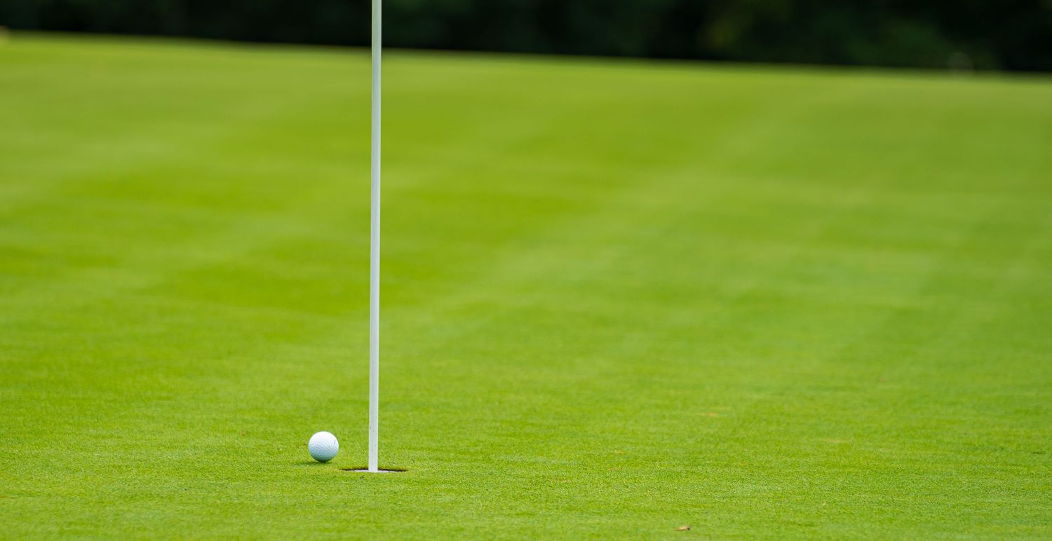 A golf ball resting near the hole on a lush green putting green with a white flag pin.