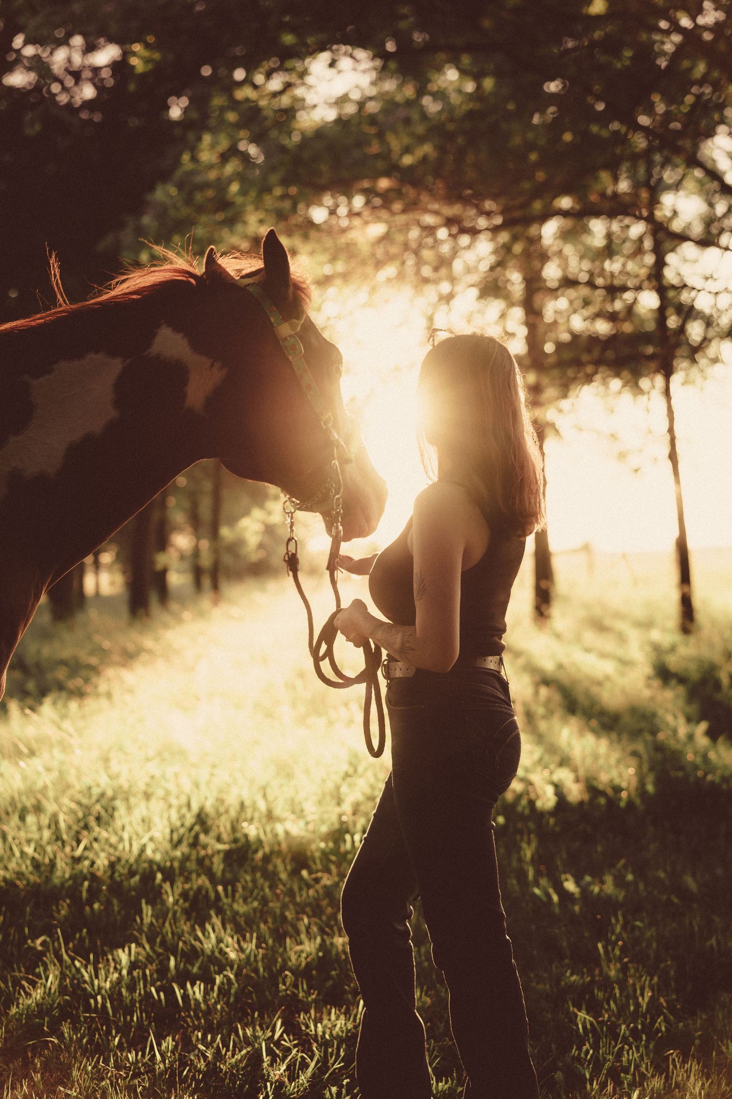 Woman bonding with her paint horse at golden sunset in a lush green forest, backlit by warm sunlight.