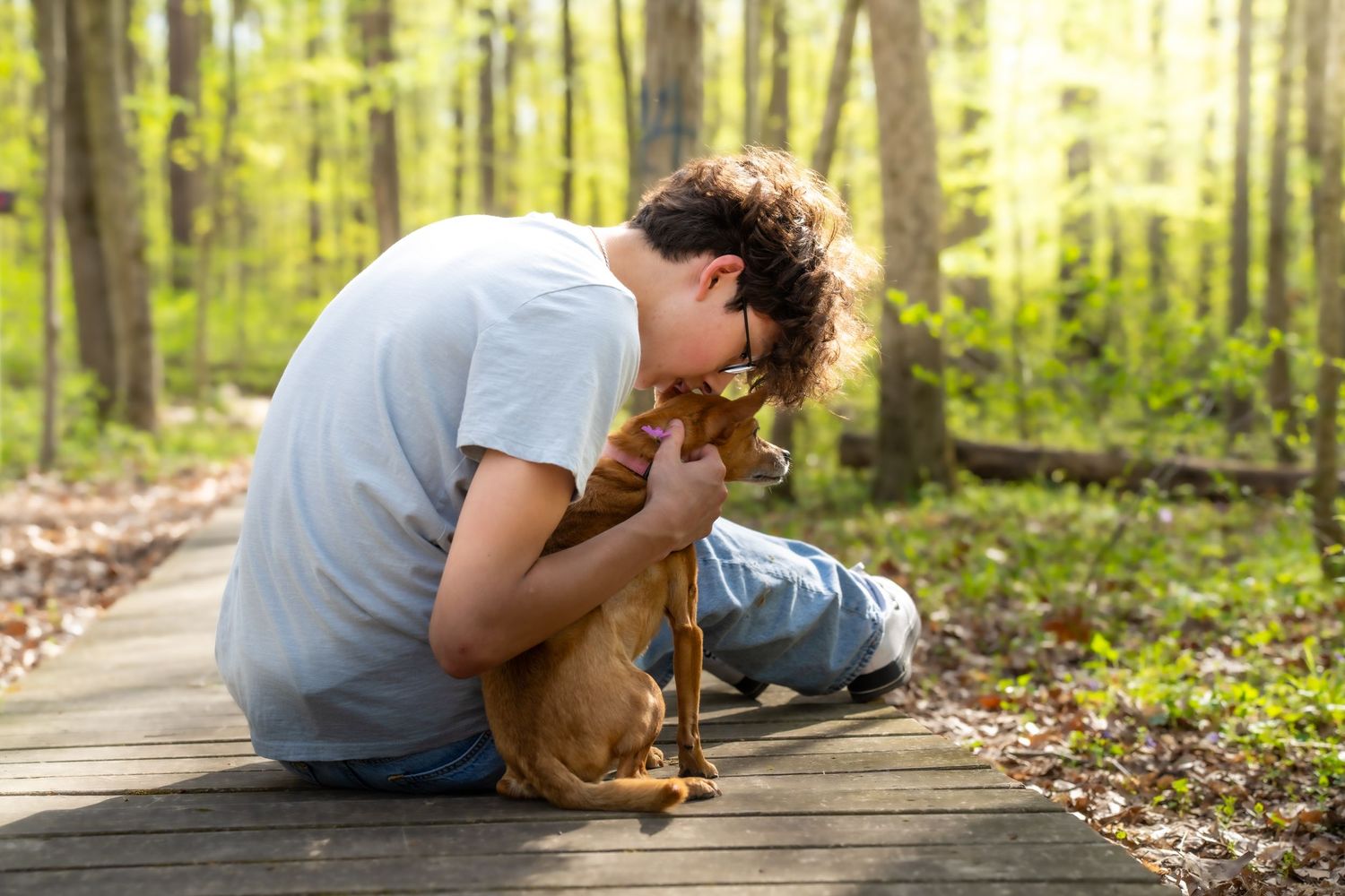 Curly-haired teen boy hugging a small brown dog on a wooden forest boardwalk.