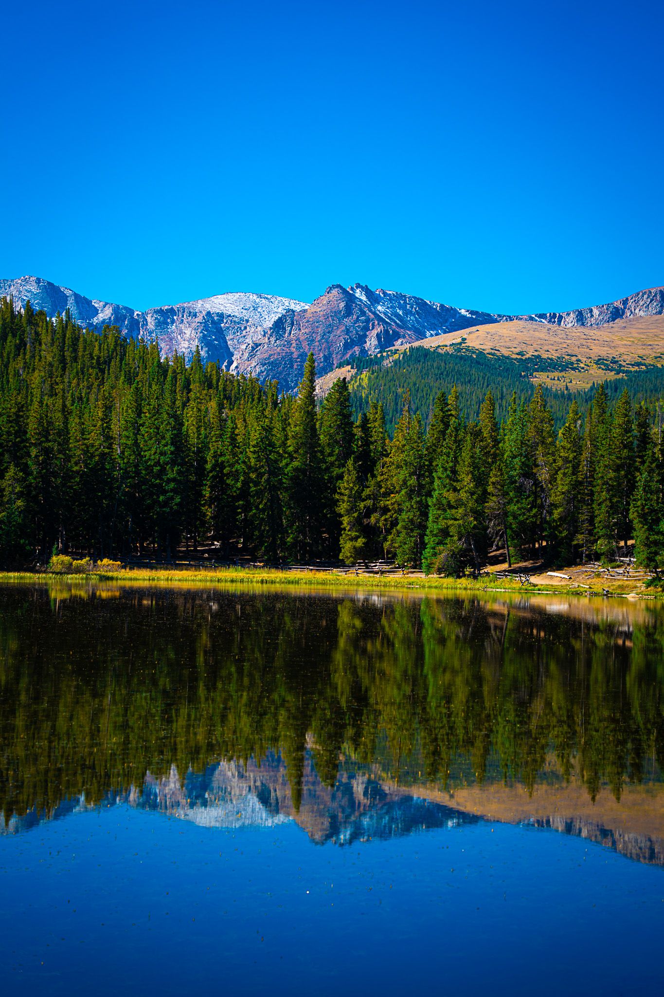 Crystal clear mountain lake reflecting pine forest and snow-capped peaks under blue sky.