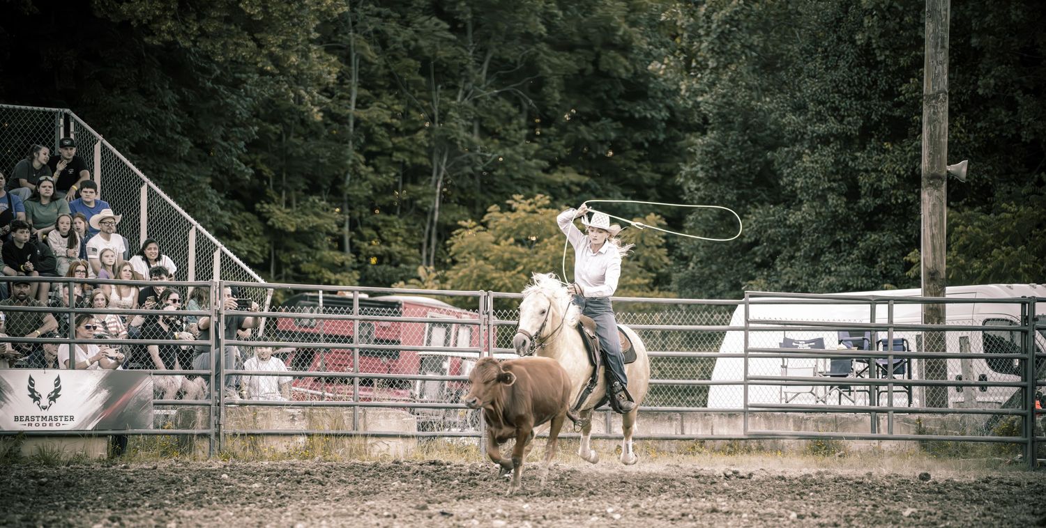 Cowboy on horseback swinging a lasso at a rodeo arena with spectators watching from the stands.