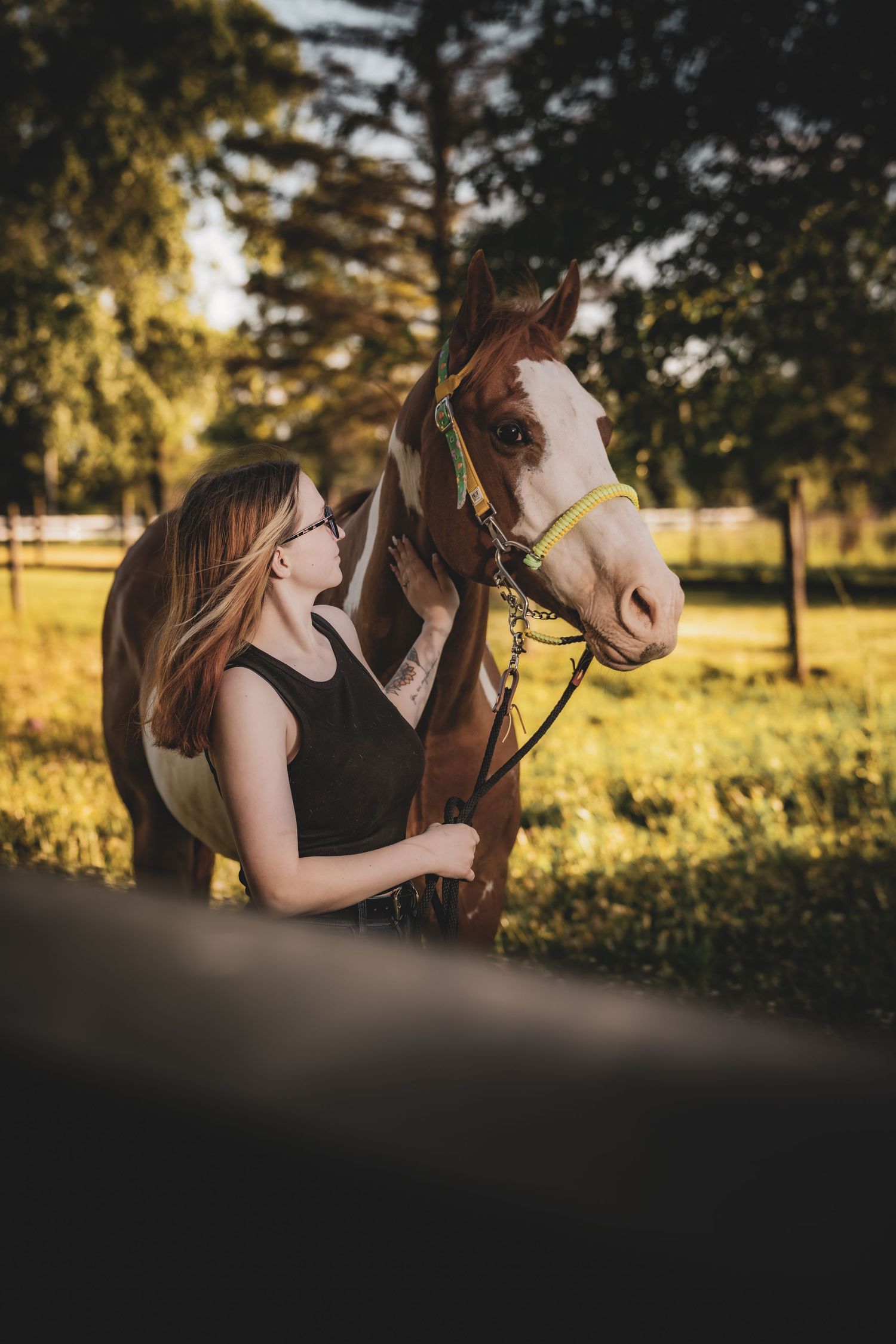 Young woman with glasses in black top standing beside a chestnut horse with yellow halter in sunny green pasture.