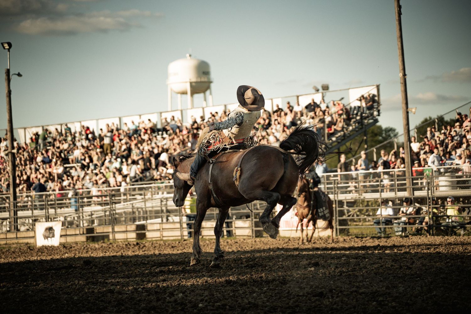 Rodeo cowboy rides a bucking dark horse in front of a packed grandstand at sunset.