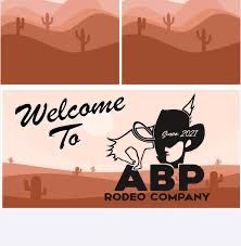 Welcome to ABP Rodeo Company western-themed banner with desert landscape, cactus, and cartoon cowboy mascot, est. 2021.