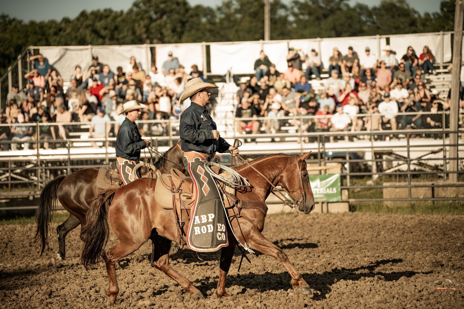 Cowboy riding a brown horse in a rodeo arena with a crowd of spectators watching in the stands.