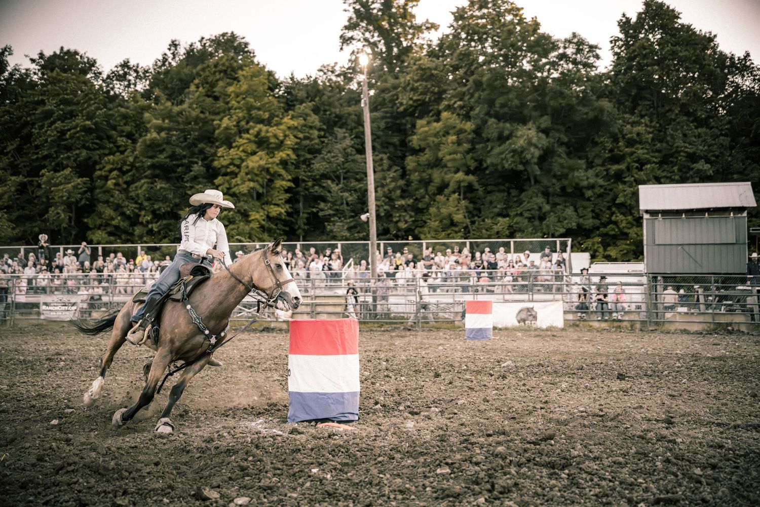 Cowboy on horseback racing around a barrel during a rodeo barrel racing competition.