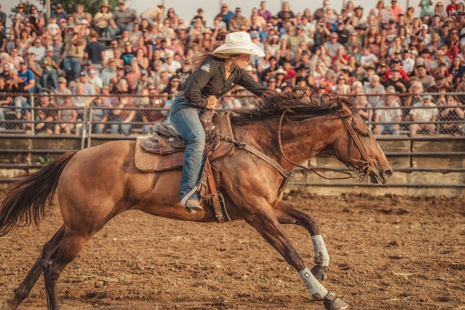 A cowgirl in a white hat rides a brown horse at full gallop during a rodeo event with a packed crowd in the stands.