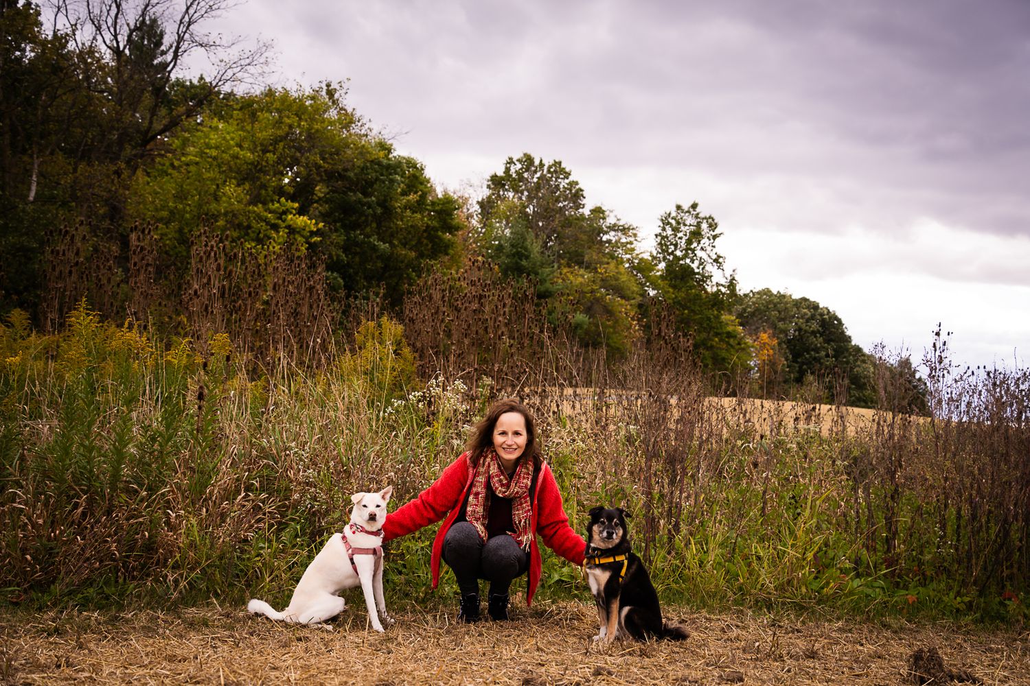 A smiling woman in red crouches between a white and a black dog in an autumn field.