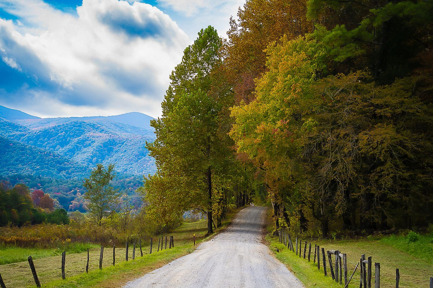Autumn country road lined with colorful fall foliage and wooden fence leading to misty mountains.