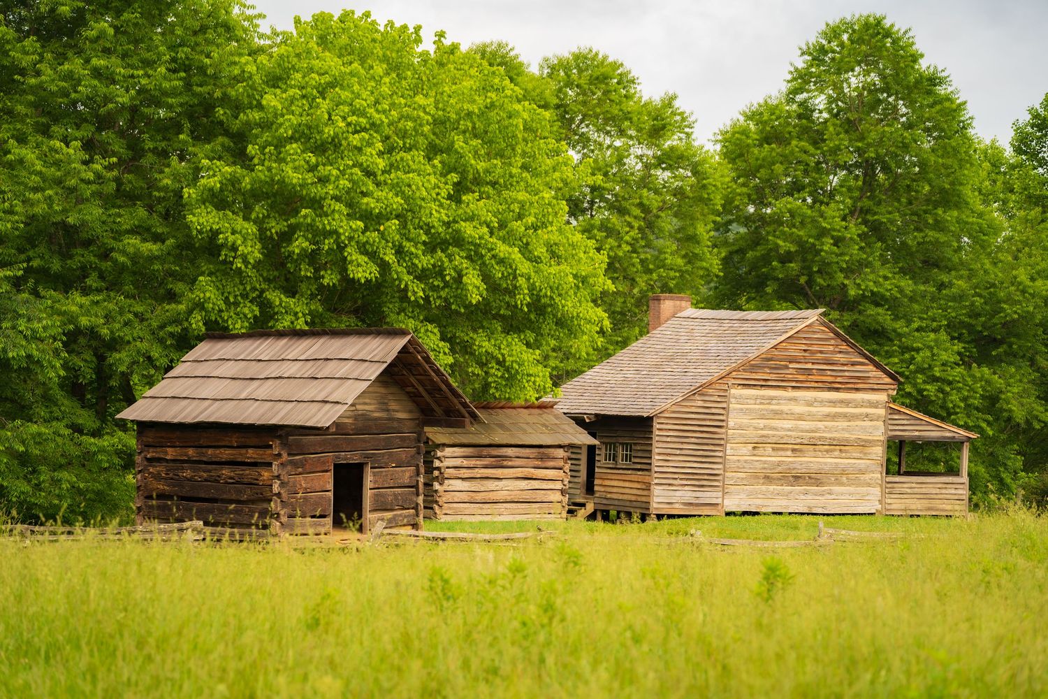 Two rustic log cabins in a green meadow surrounded by lush trees, showcasing historic Appalachian frontier architecture.