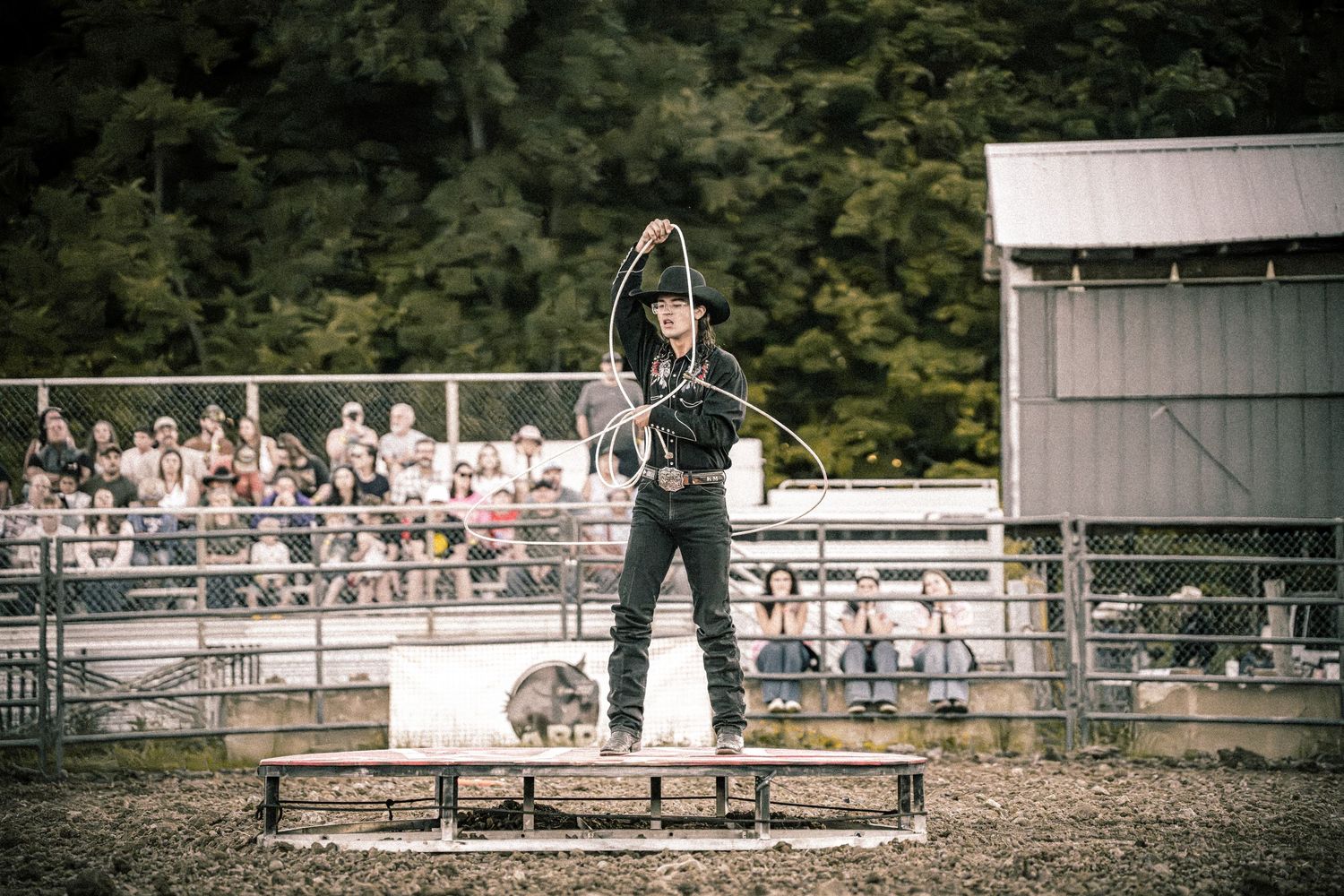 Rodeo performer spins a lasso rope over a pig during a roping demonstration before a crowd.