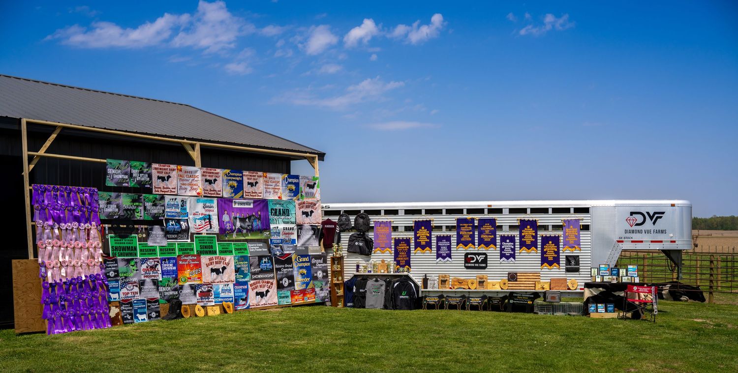A barn and trailer covered in colorful livestock show banners and ribbons at a county fair.
