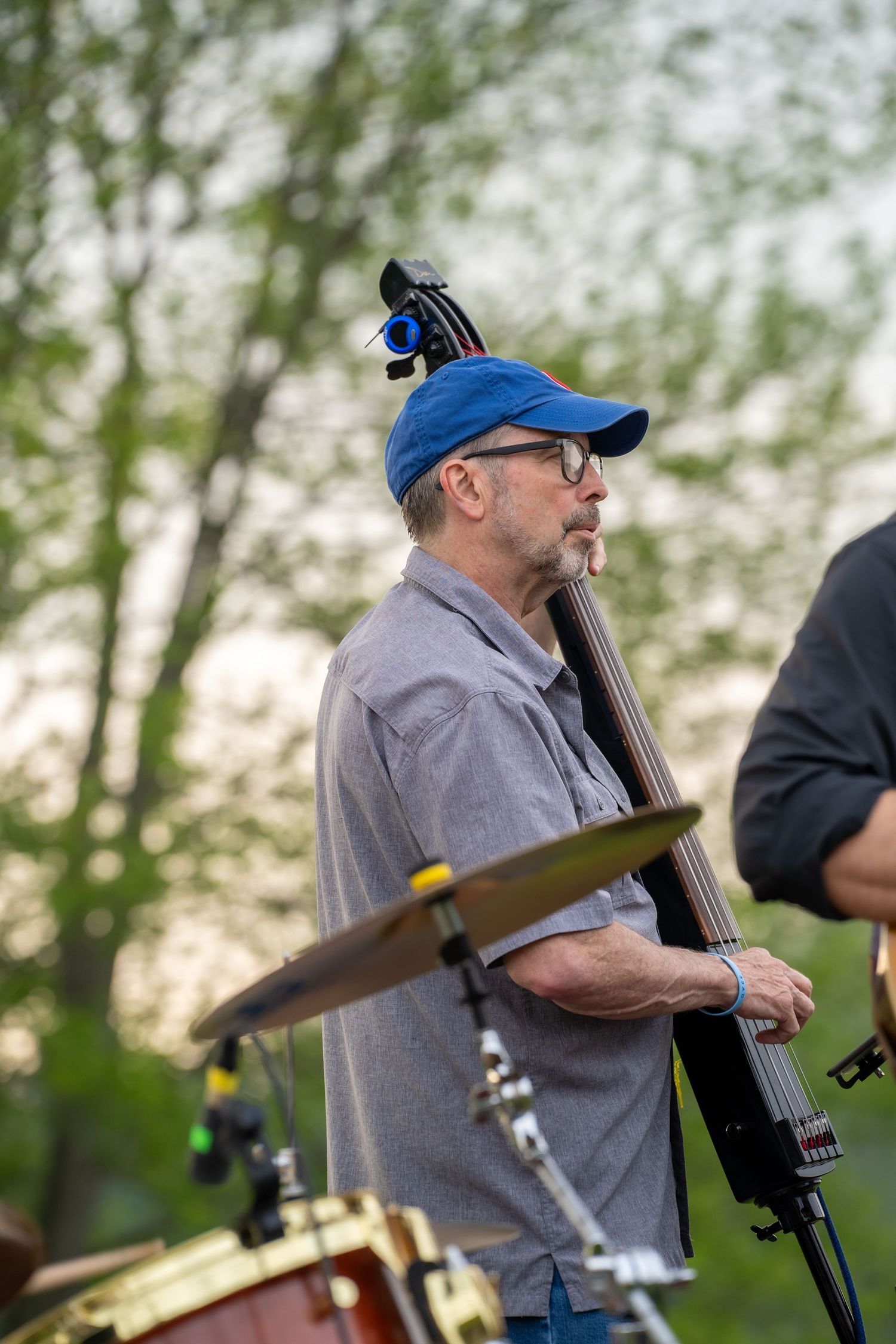Older upright bass player wearing blue cap performing at outdoor daytime music festival.