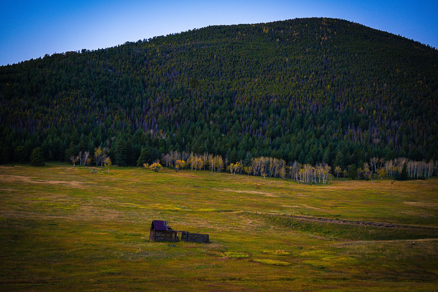 A rustic barn sits in a vast green meadow beneath a forested mountain under a clear blue sky.