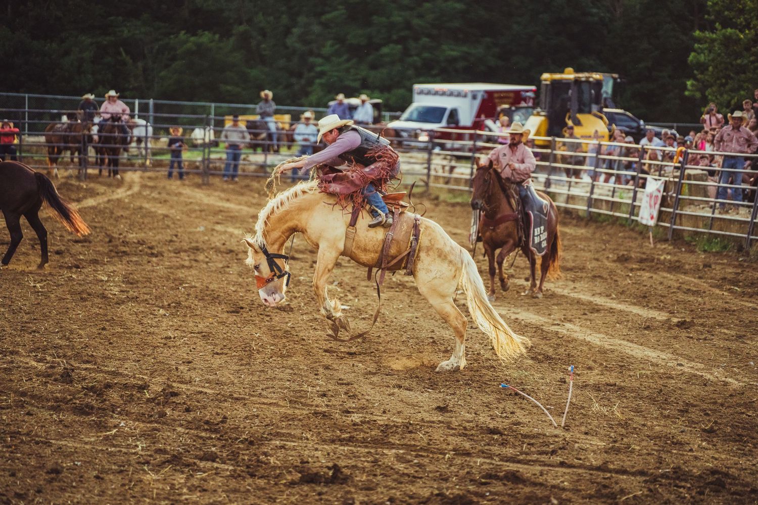 A cowboy rides a bucking bronco during a bareback riding event at an outdoor rodeo competition.