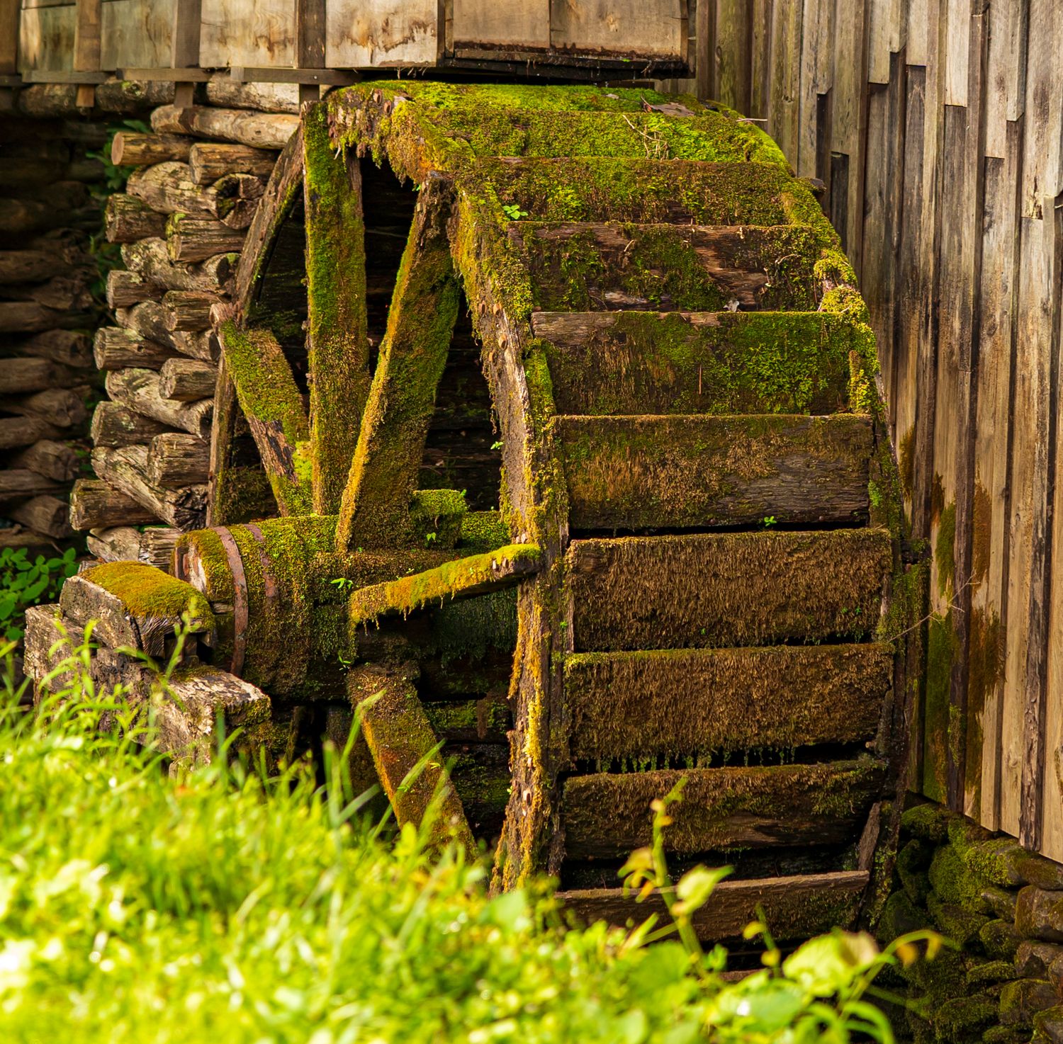Moss-covered wooden water wheel leaning against a rustic log mill building, surrounded by lush green vegetation.