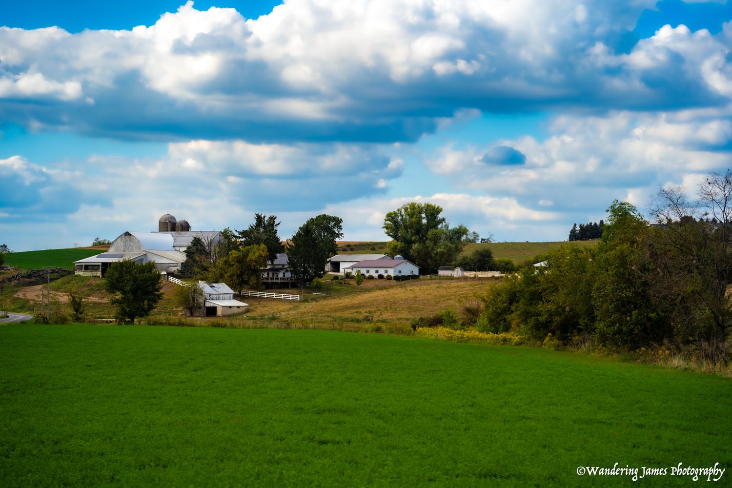 Aerial view of a rural farm with silos and white buildings on a green hillside under blue sky.