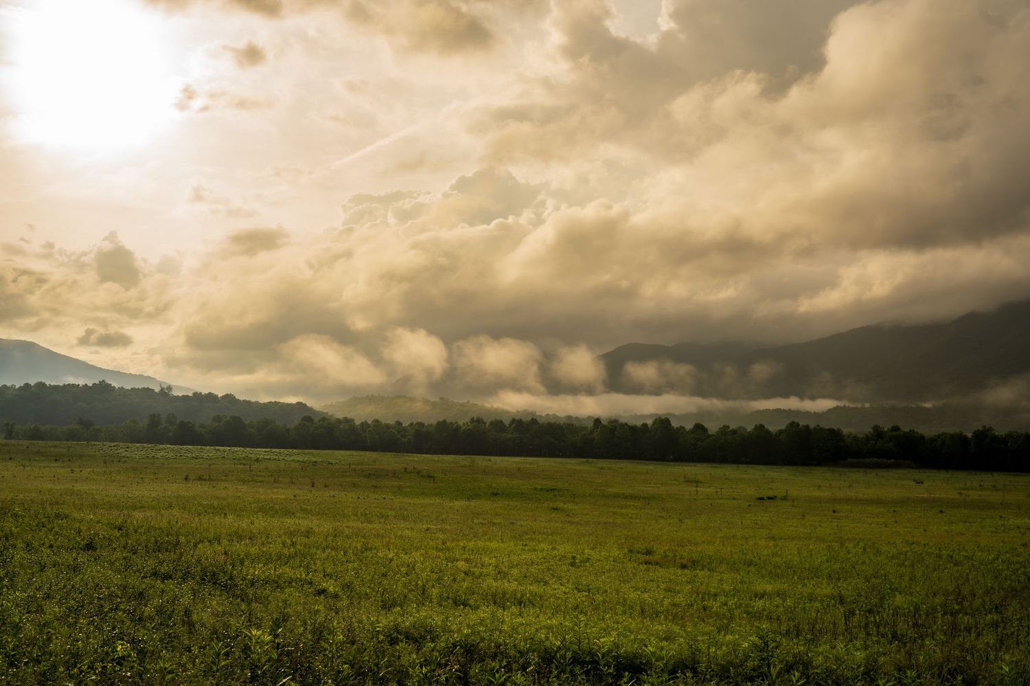 Dramatic storm clouds roll over a lush green field with distant mountains and golden sunlight breaking through.