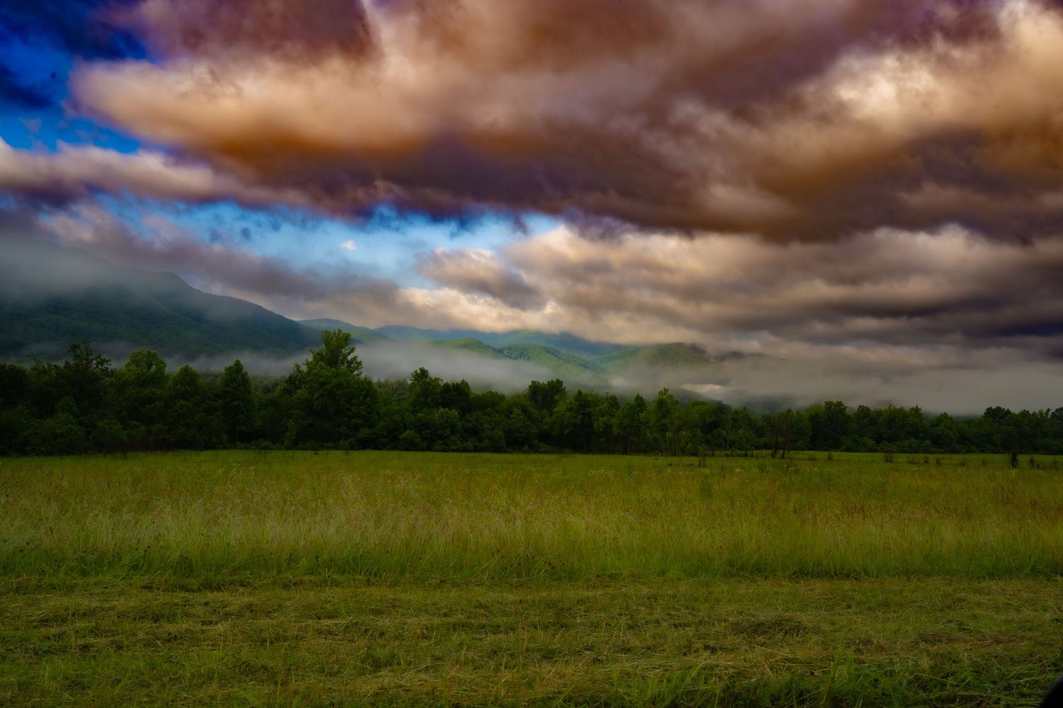 Dramatic stormy sky with colorful clouds over a lush green meadow and misty mountain forest at dusk.