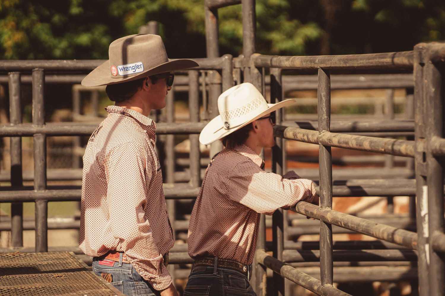 Two cowboys wearing western hats leaning on metal rodeo fence rails at outdoor livestock arena.
