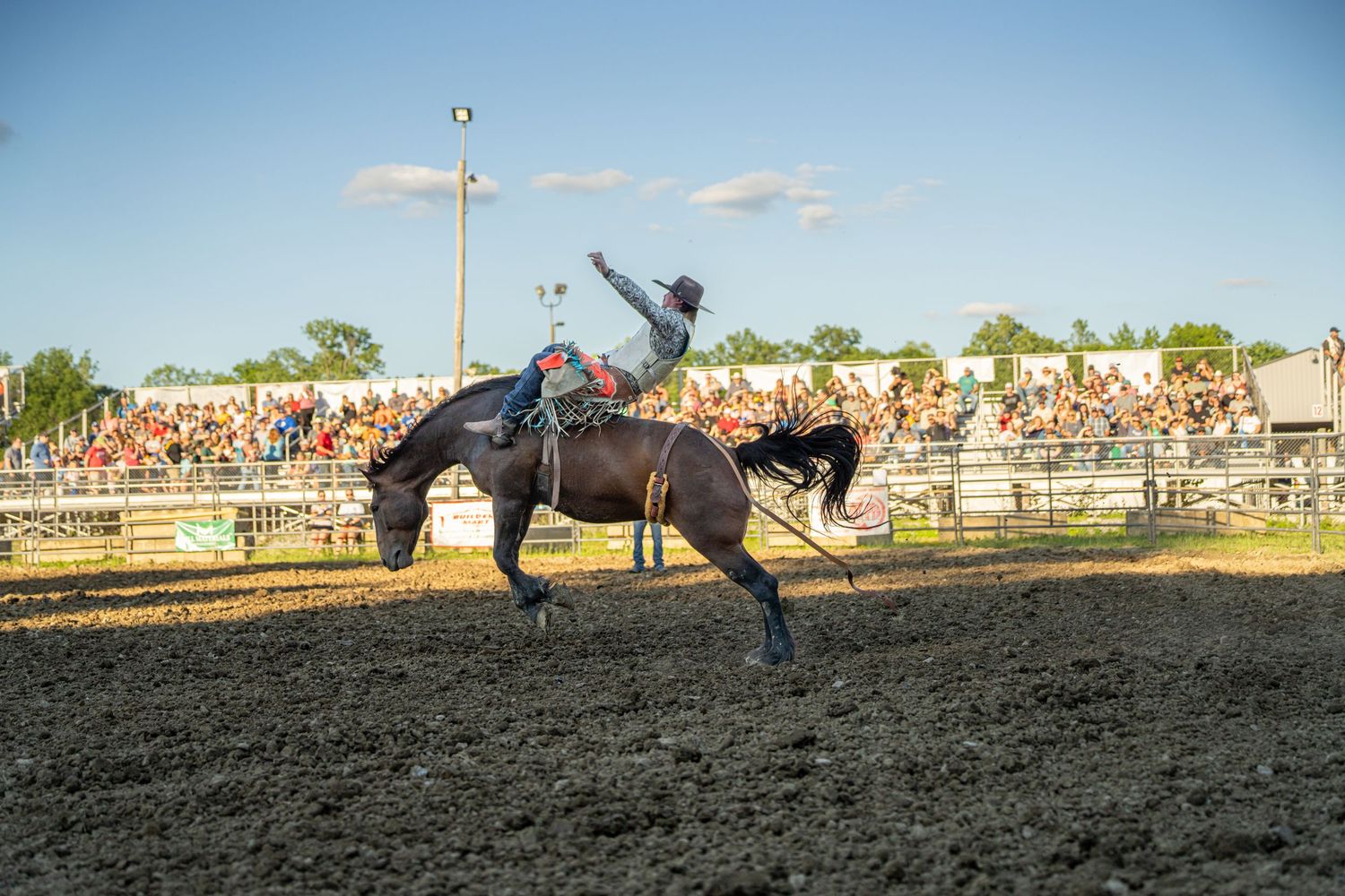 Rodeo cowboy rides a bucking bronco horse in front of a large crowd at an outdoor rodeo arena.