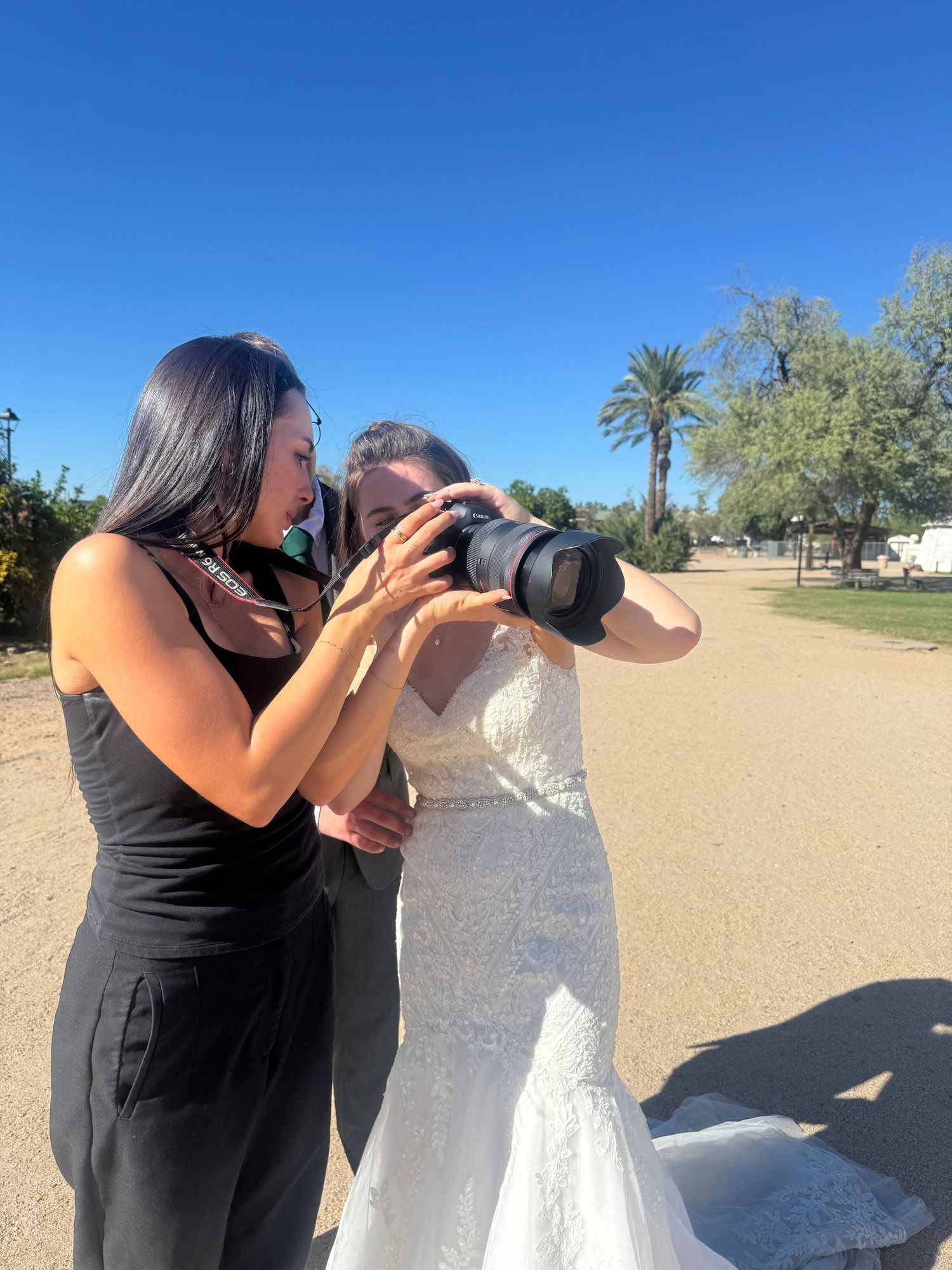 Photographer shows bride wedding photos on camera screen outdoors on sunny day with palm trees.