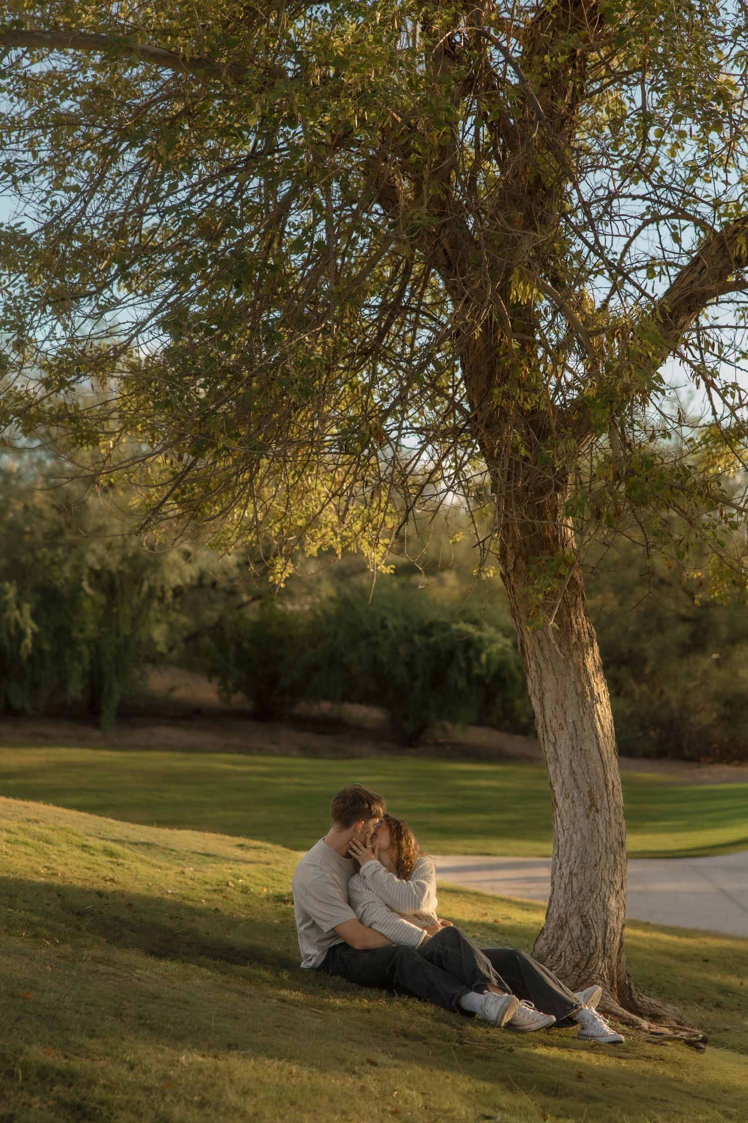 Romantic couple shares a kiss while sitting beneath a large tree on a grassy slope at golden hour.
