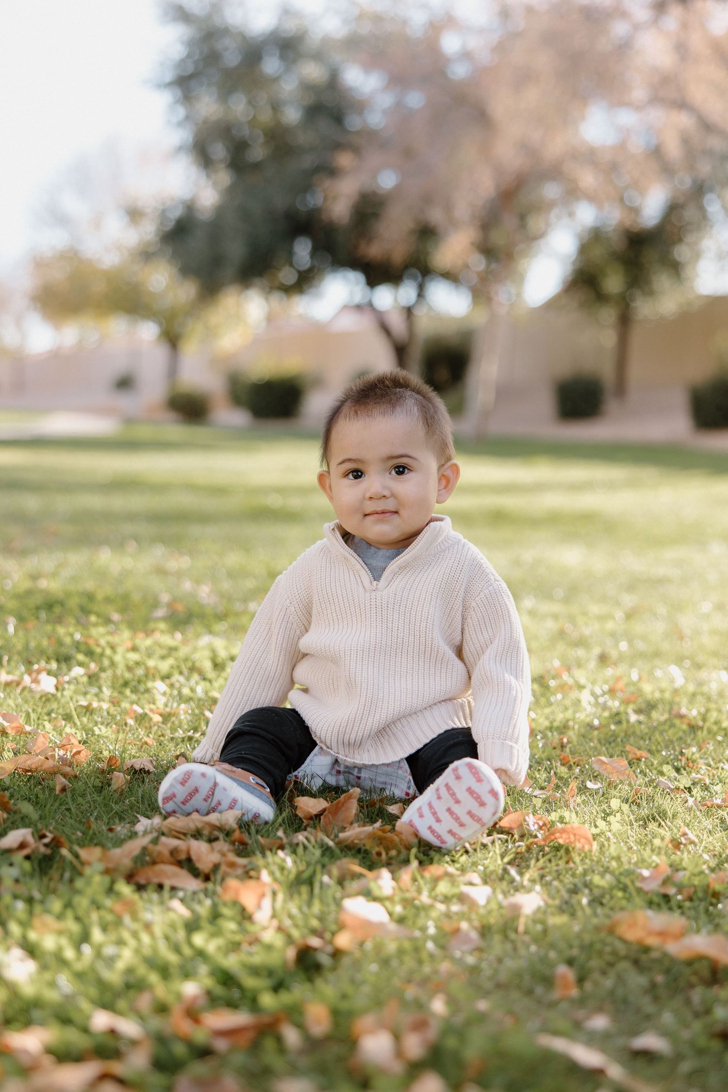 Adorable baby in cream sweater sitting on grass with autumn leaves in a sunny park.