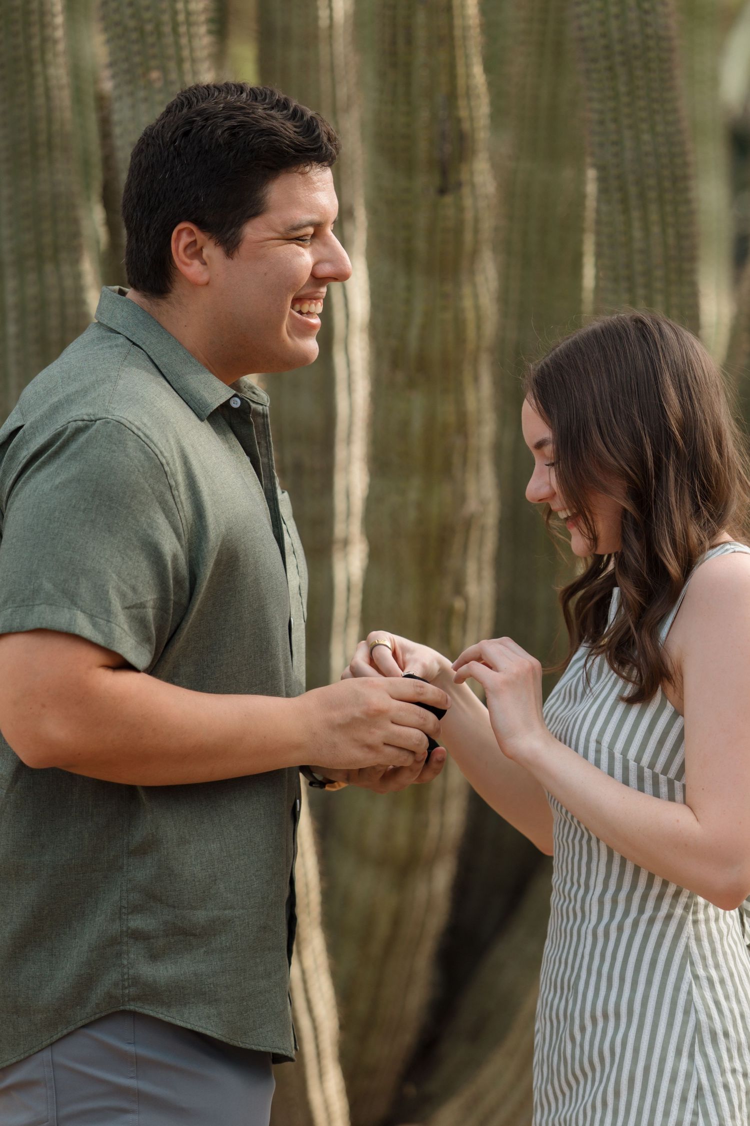 Smiling couple sharing a joyful engagement moment outdoors near tall cacti, man placing ring on womans finger.
