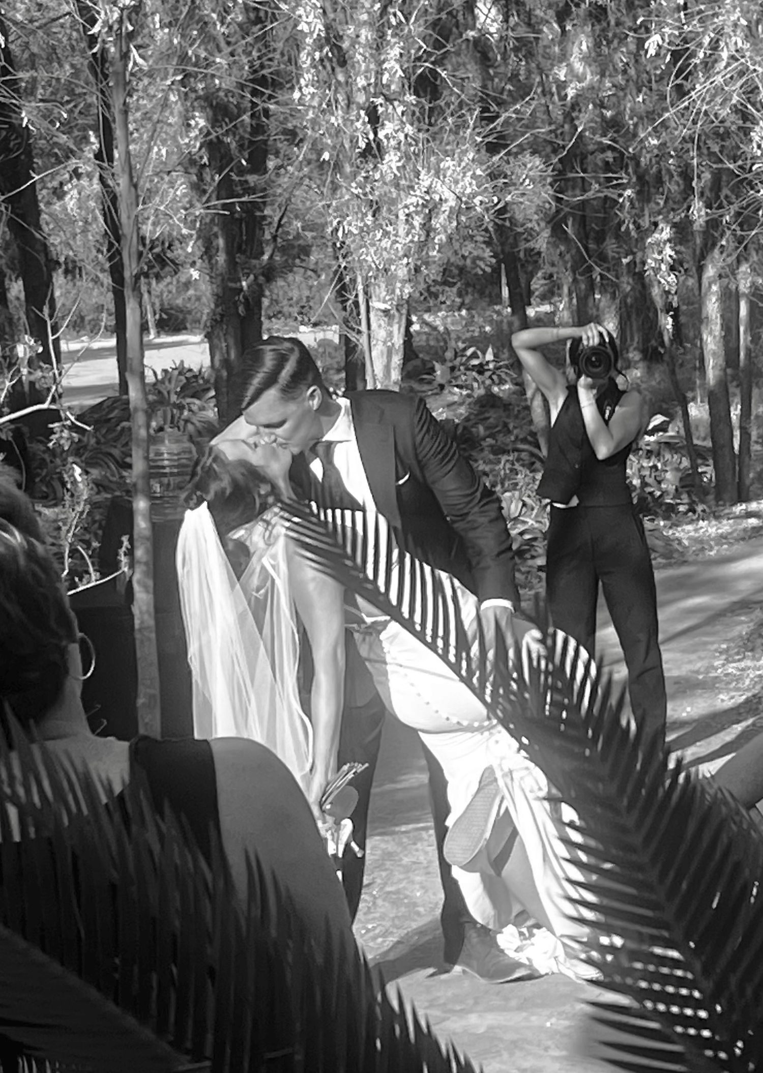 Black and white image of photographer shooting kissing wedding couple among palm trees outdoors.