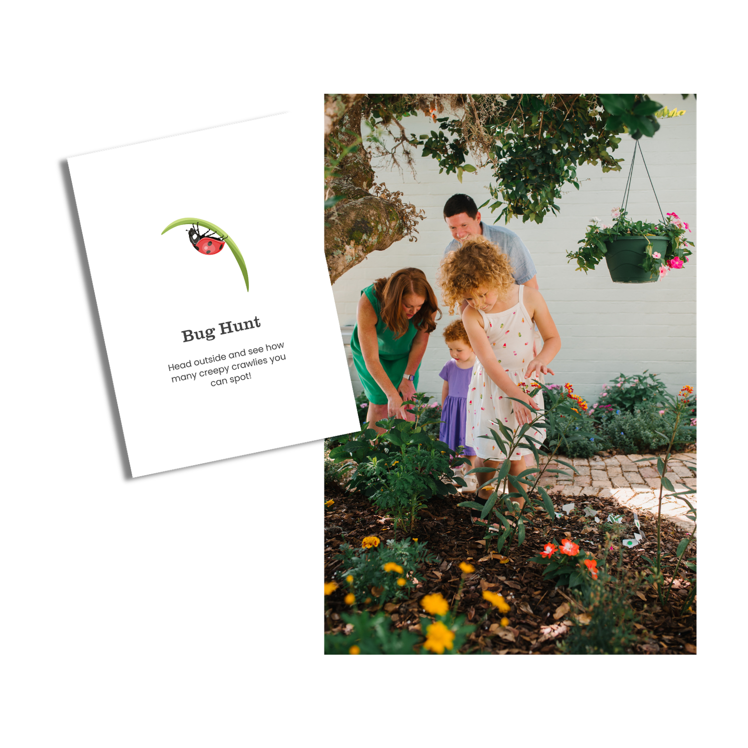 A family with two adults and a child exploring a garden for bugs alongside a Bug Hunt activity book with a ladybug illustration.