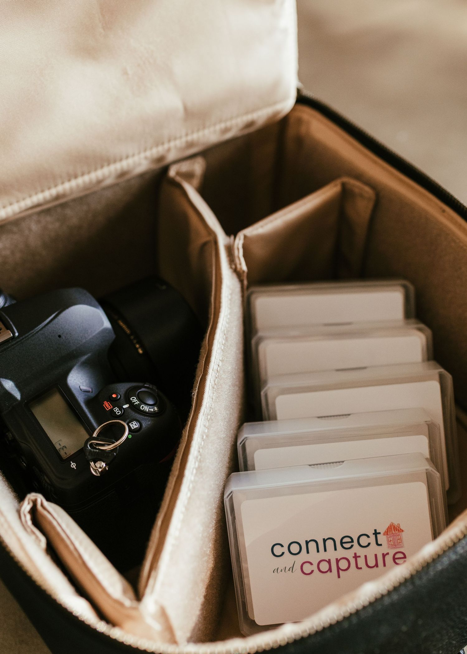 5 pack connect & capture in-home photography prompt deck with nikon camera in Kamrette camera bag