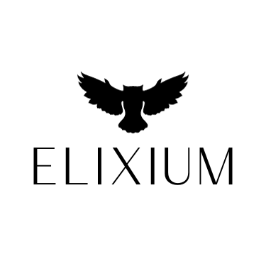 Silhouette of black birds and logo design for Elixium featuring simple typography and bird motifs.