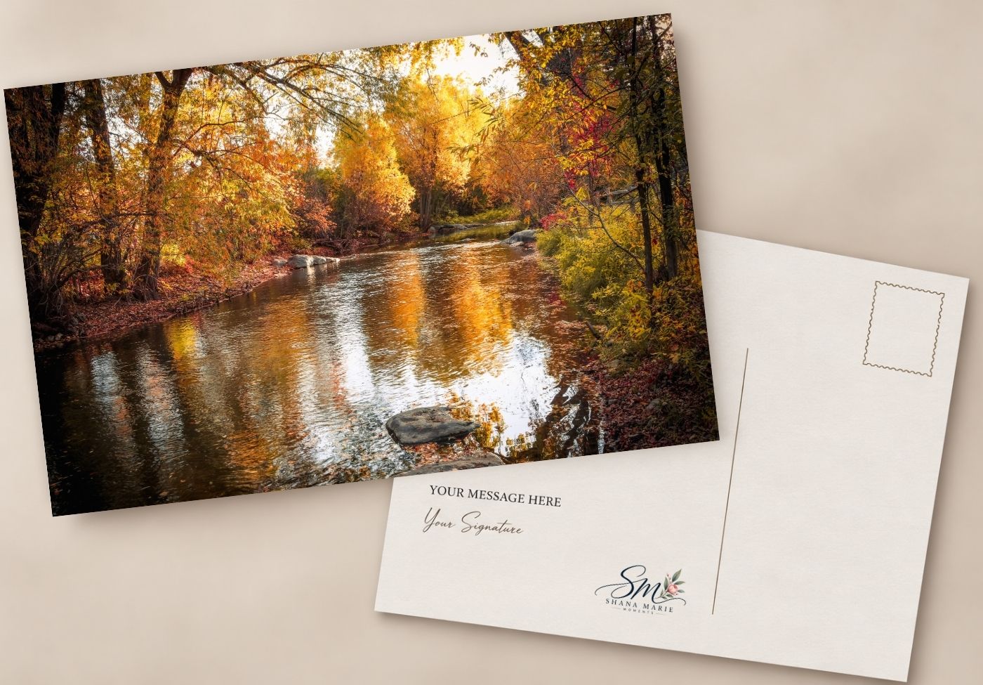 Autumn river landscape postcard with golden foliage reflecting on calm water, featuring a customizable message area on the reverse side.