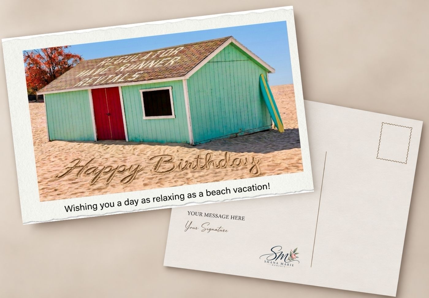 Happy Birthday beach postcard featuring a teal wooden shack on sandy shores with a heartfelt vacation-themed greeting message.