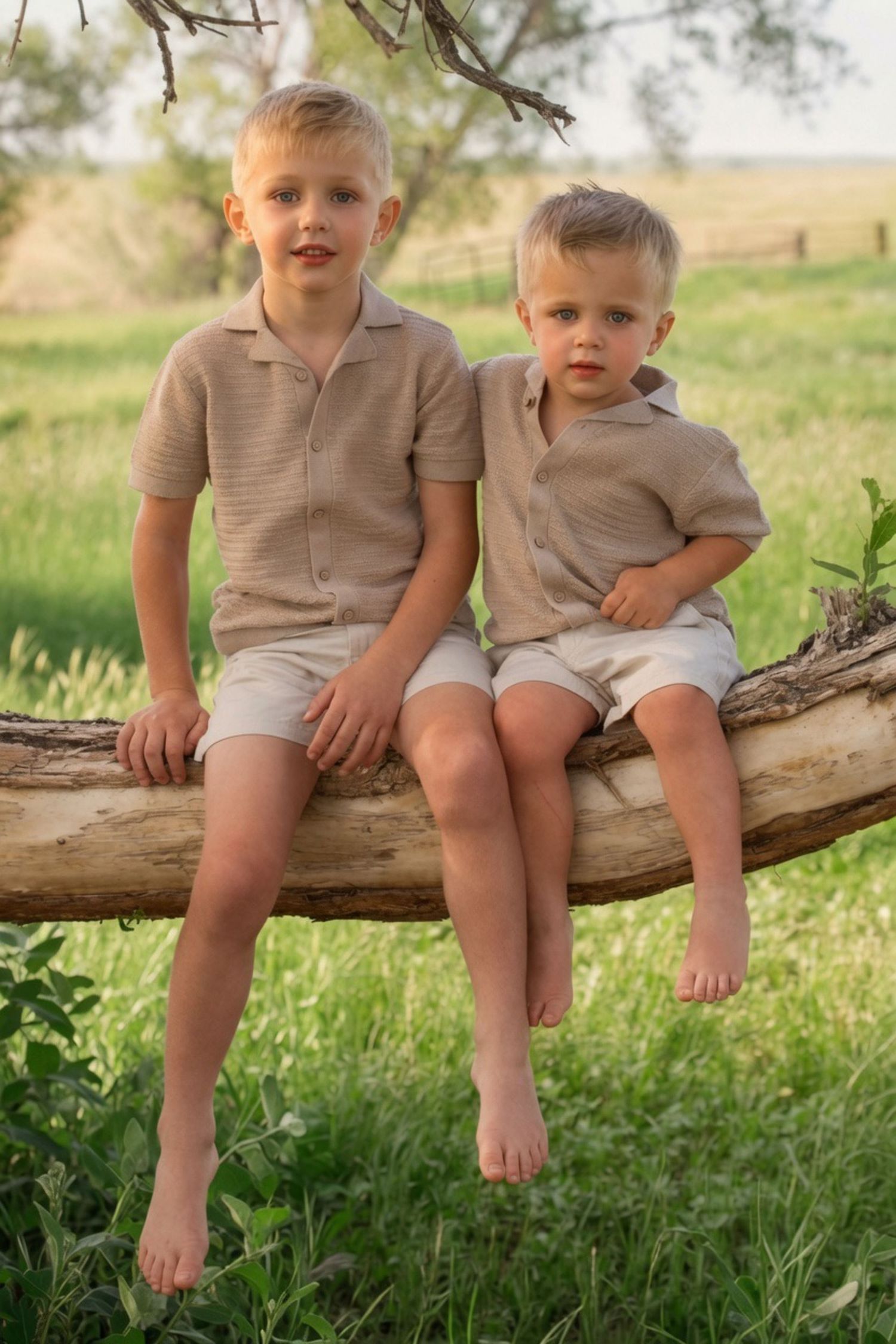 Two young brothers in matching beige outfits sit barefoot on a log in a sunny green field.