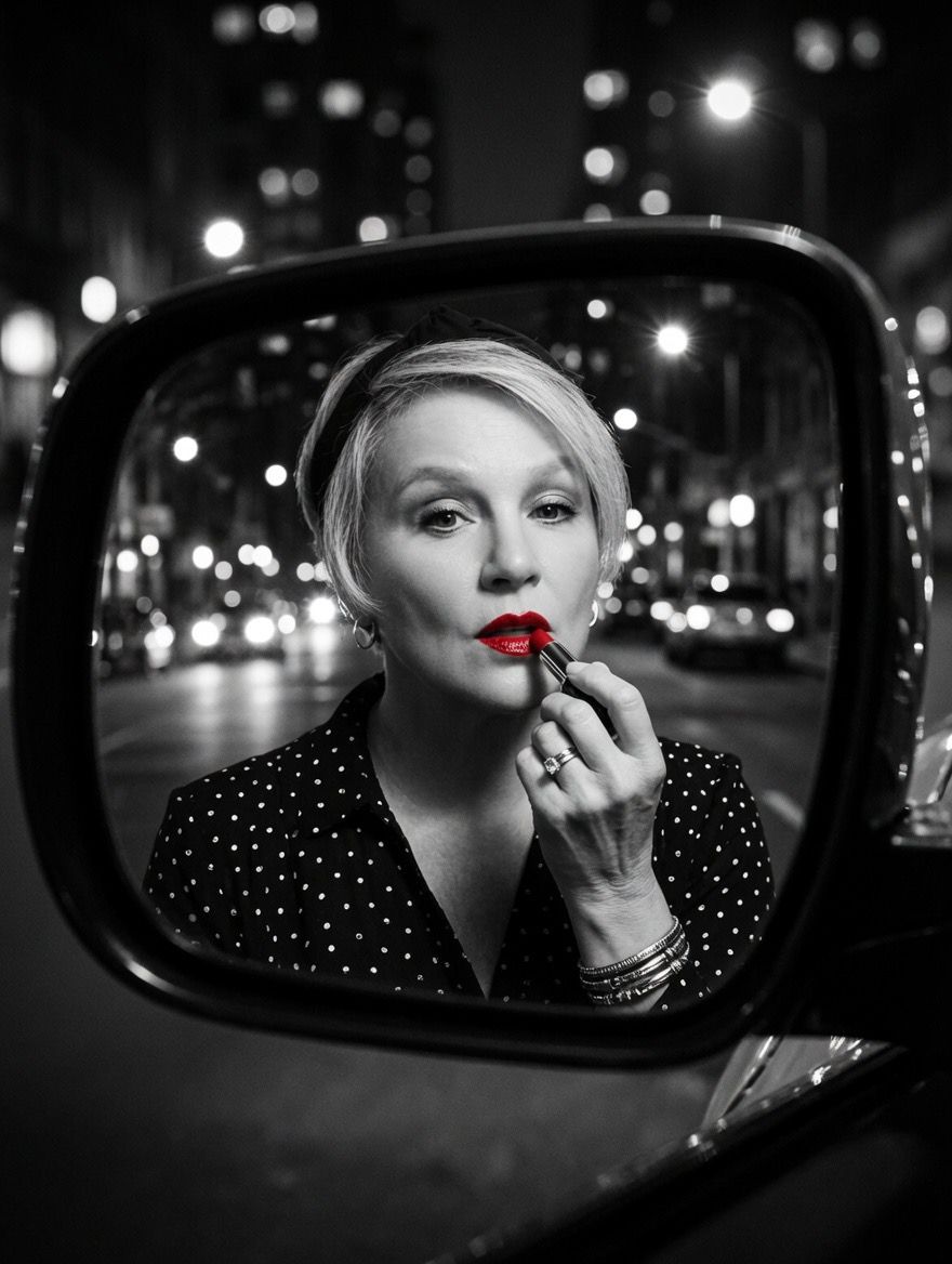 Woman applying red lipstick reflected in a car side mirror on a city street at night, black and white photo.