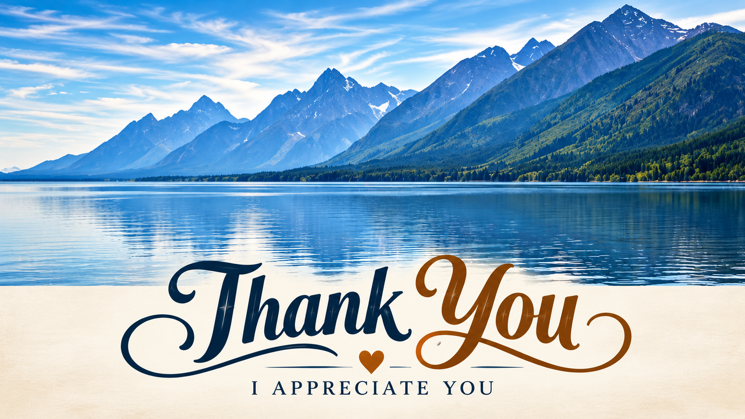 Thank You I Appreciate You card with scenic mountain lake landscape and blue sky background.