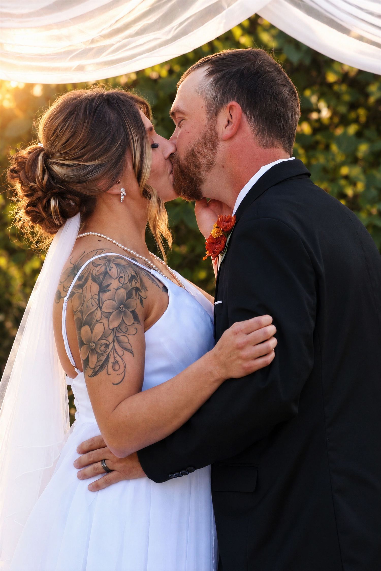 Bride and groom share first kiss at outdoor wedding ceremony, bride wearing white gown with floral shoulder tattoo and veil.